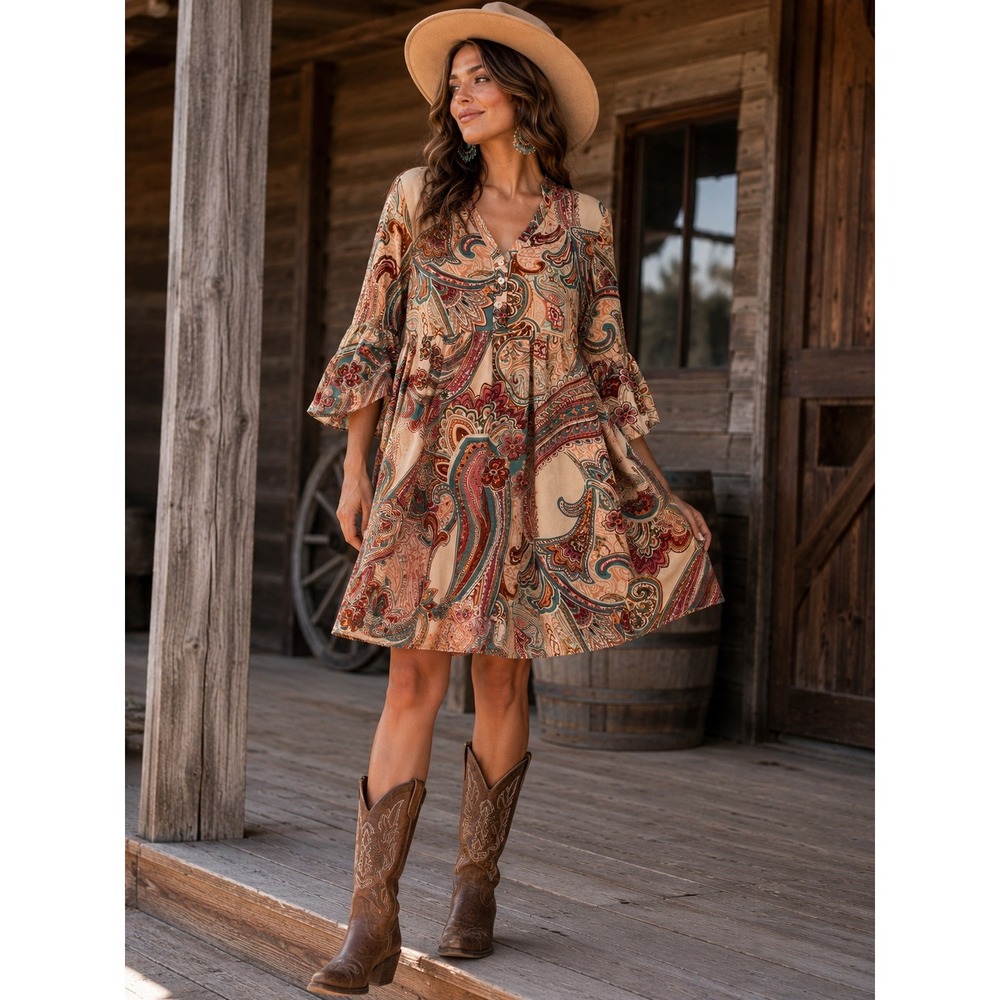 Emery Rose Paisley Babydoll Dress Bell Sleeve Boho Tunic Multicolor Large